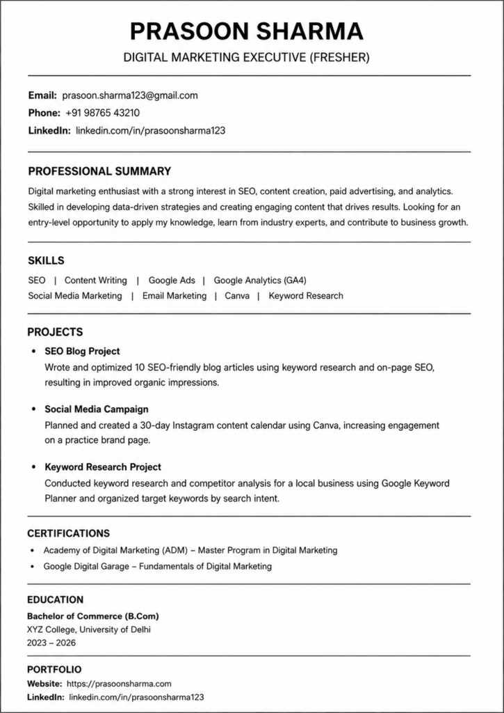 Digital marketing resume for freshers sample ATS-friendly resume format
